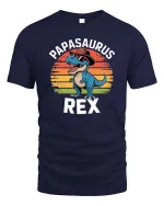 Papasaurus Rex T-Shirt Funny Dino Dad Graphic Retro Tee - navy t-shirt on white background