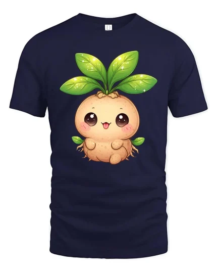 Cute Mandrake Plant T-Shirt Kawaii Nature Cartoon Tee - navy t-shirt on white background