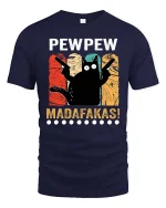 Funny Pew Pew Cat T-Shirt Retro Humor Graphic Tee Shirt - navy t-shirt on white background