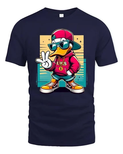 Cool Duck T-Shirt Hip Hop Streetwear Cartoon Graphic Tee - navy t-shirt on white background