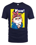 Meow Cat T-Shirt Cute Retro Kitty Cartoon Graphic Tee - navy t-shirt on white background