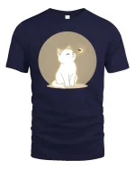 Cute White Cat T-Shirt Minimal Aesthetic Pet Graphic Tee - navy t-shirt on white background
