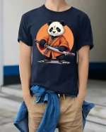 Samurai Panda T-Shirt Cool Martial Arts Graphic Tee Art Tees - model wearing navy tee with hands in pockets