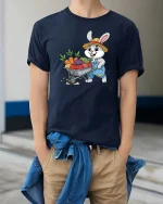 Farmer Bunny T-Shirt Cute Rabbit Gardening Graphic Tee - model wearing navy tee with hands in pockets