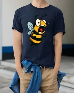 Funny Angry Bee T-Shirt Cartoon Insect Graphic Humor Tee - model wearing navy tee with hands in pockets