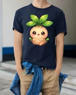 Cute Mandrake Plant T-Shirt Kawaii Nature Cartoon Tee - model wearing navy tee with hands in pockets