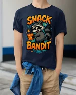 Snack Bandit Raccoon T-Shirt Funny Food Lover Graphic Tee - model wearing navy tee with hands in pockets