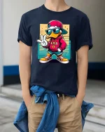 Cool Duck T-Shirt Hip Hop Streetwear Cartoon Graphic Tee - model wearing navy tee with hands in pockets