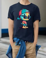 Cool Chick T-Shirt Hip Hop Cute Bird Graphic Streetwear - model wearing navy tee with hands in pockets