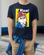 Meow Cat T-Shirt Cute Retro Kitty Cartoon Graphic Tee - model wearing navy tee with hands in pockets