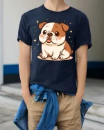 Cute Bulldog T-Shirt Adorable Puppy Graphic Dog Lover Tee - model wearing navy tee with hands in pockets