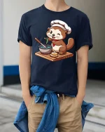 Funny Otter Chef T-Shirt Cute Cooking Animal Graphic Tee - model wearing navy tee with hands in pockets