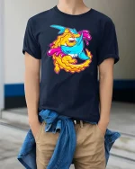 Dragon Shark T-Shirt Epic Fantasy Creature Graphic Tee - model wearing navy tee with hands in pockets