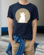Cute White Cat T-Shirt Minimal Aesthetic Pet Graphic Tee - model wearing navy tee with hands in pockets