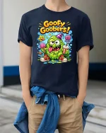 Goofy Goobers T-Shirt Funny Slime Cartoon Graphic Tee - model wearing navy tee with hands in pockets