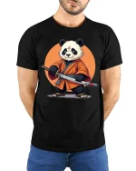 Samurai Panda T-Shirt Cool Martial Arts Graphic Tee Art Tees - model wearing black tee with hands behind back