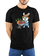 Farmer Bunny T-Shirt Cute Rabbit Gardening Graphic Tee - model wearing black tee with hands behind back