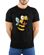 Funny Angry Bee T-Shirt Cartoon Insect Graphic Humor Tee - model wearing black tee with hands behind back