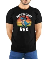 Papasaurus Rex T-Shirt Funny Dino Dad Graphic Retro Tee - model wearing black tee with hands behind back