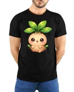 Cute Mandrake Plant T-Shirt Kawaii Nature Cartoon Tee - model wearing black tee with hands behind back