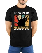 Funny Pew Pew Cat T-Shirt Retro Humor Graphic Tee Shirt - model wearing black tee with hands behind back
