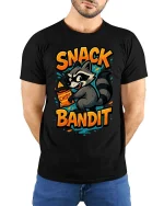 Snack Bandit Raccoon T-Shirt Funny Food Lover Graphic Tee - model wearing black tee with hands behind back