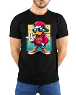 Cool Duck T-Shirt Hip Hop Streetwear Cartoon Graphic Tee - model wearing black tee with hands behind back