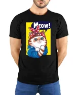 Meow Cat T-Shirt Cute Retro Kitty Cartoon Graphic Tee - model wearing black tee with hands behind back