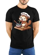 Funny Otter Chef T-Shirt Cute Cooking Animal Graphic Tee - model wearing black tee with hands behind back