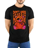Creepy Teddy Bear T-Shirt Horror Cute Grunge Graphic Tee - model wearing black tee with hands behind back