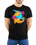 Dragon Shark T-Shirt Epic Fantasy Creature Graphic Tee - model wearing black tee with hands behind back