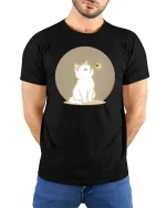 Cute White Cat T-Shirt Minimal Aesthetic Pet Graphic Tee - model wearing black tee with hands behind back