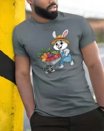 Farmer Bunny T-Shirt Cute Rabbit Gardening Graphic Tee - model wearing grey tee, leaning on column
