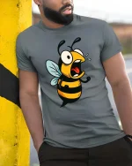 Funny Angry Bee T-Shirt Cartoon Insect Graphic Humor Tee - model wearing grey tee, leaning on column