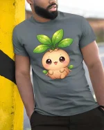 Cute Mandrake Plant T-Shirt Kawaii Nature Cartoon Tee - model wearing grey tee, leaning on column