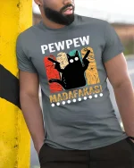 Funny Pew Pew Cat T-Shirt Retro Humor Graphic Tee Shirt - model wearing grey tee, leaning on column