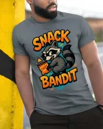 Snack Bandit Raccoon T-Shirt Funny Food Lover Graphic Tee - model wearing grey tee, leaning on column
