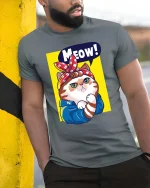 Meow Cat T-Shirt Cute Retro Kitty Cartoon Graphic Tee - model wearing grey tee, leaning on column
