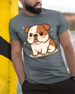 Cute Bulldog T-Shirt Adorable Puppy Graphic Dog Lover Tee - model wearing grey tee, leaning on column