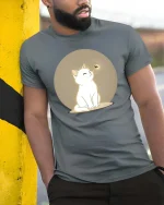 Cute White Cat T-Shirt Minimal Aesthetic Pet Graphic Tee - model wearing grey tee, leaning on column