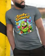 Goofy Goobers T-Shirt Funny Slime Cartoon Graphic Tee - model wearing grey tee, leaning on column