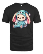 Cute Bunny Pajama T-Shirt Soft Cozy Kawaii Graphic Tee - black t-shirt on white background