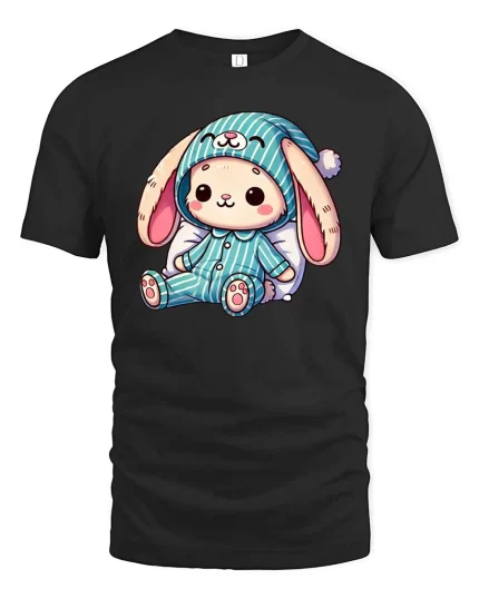 Cute Bunny Pajama T-Shirt Soft Cozy Kawaii Graphic Tee - black t-shirt on white background