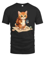 Cute Travel Cat T-Shirt Adventure Kitten Cartoon Graphic Tee - black t-shirt on white background