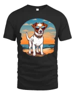 Cool Beach Dog T-Shirt Sunset Puppy Sunglasses Graphic Tee - black t-shirt on white background