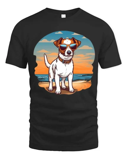 Cool Beach Dog T-Shirt Sunset Puppy Sunglasses Graphic Tee - black t-shirt on white background