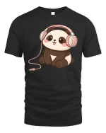Cute Panda Headphones T-Shirt Kawaii Music Cartoon Graphic Tee - black t-shirt on white background