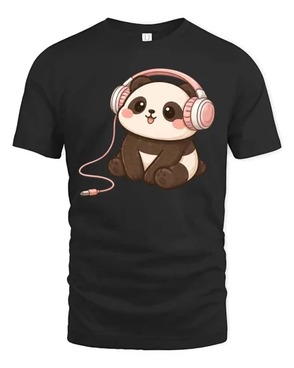 Cute Panda Headphones T-Shirt Kawaii Music Cartoon Graphic Tee - black t-shirt on white background
