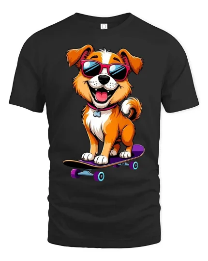 Cool Skater Dog T-Shirt Funny Puppy Sunglasses Graphic Tee - black t-shirt on white background