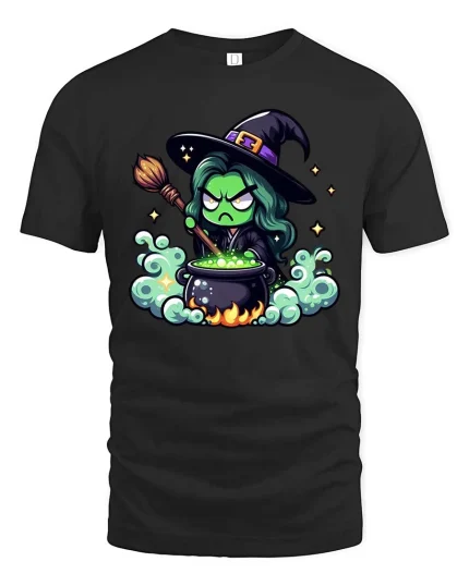 Funny Witch Potion T-Shirt Cute Halloween Cartoon Graphic Tee - black t-shirt on white background